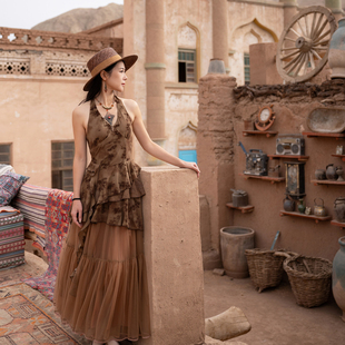 理想三旬女装 连衣裙 波西米亚废土风咖啡色荷叶边重工不规则短款