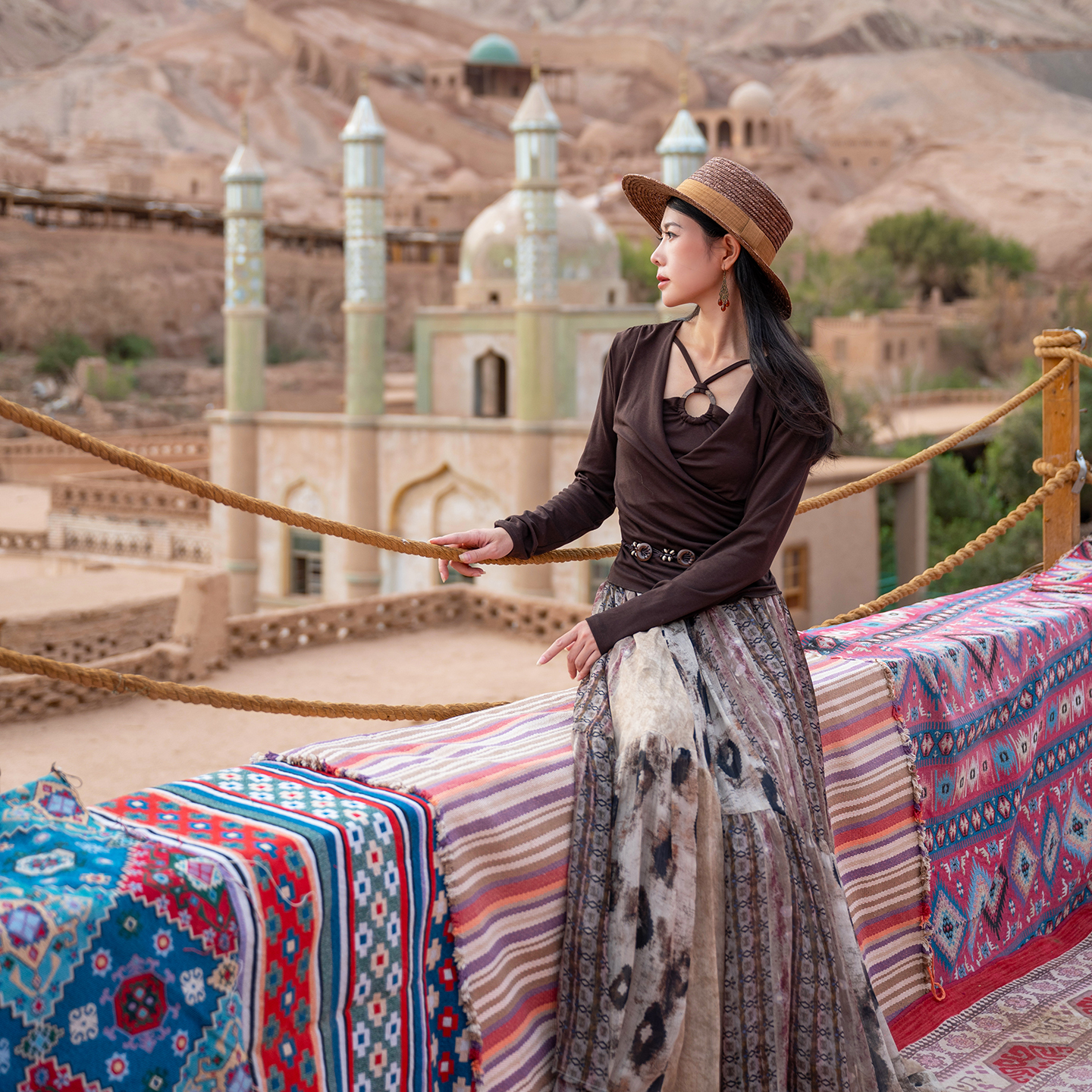 理想三旬复古波西米亚民族风咖啡色针织打底衫大裙摆半身裙套装