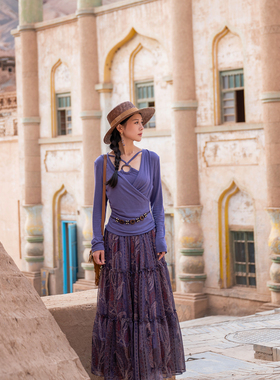 理想三旬旅行女装复古波西米亚民族风紫色上针织打底衫半身裙套装