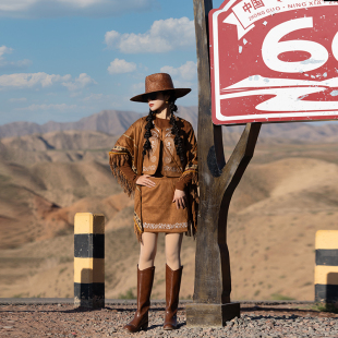 复古波西米亚民族风棕色麂皮绒刺绣马甲短套装 理想三旬女装 秋装