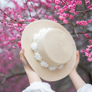 理想三旬女装 复古田园风草编蕾丝度假休闲平顶遮阳帽太阳帽米白色