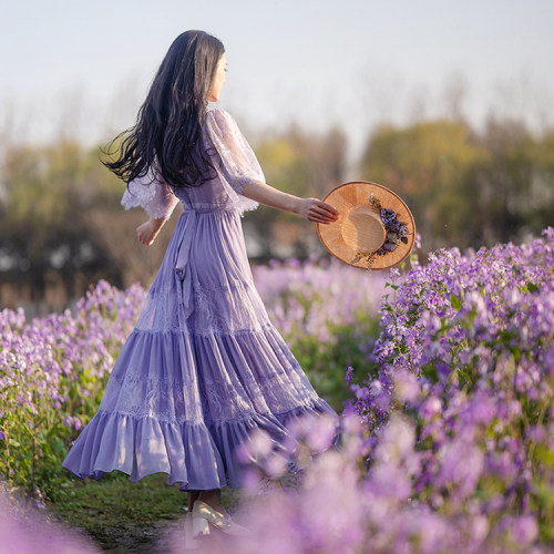法式紫色度假风仙女裙