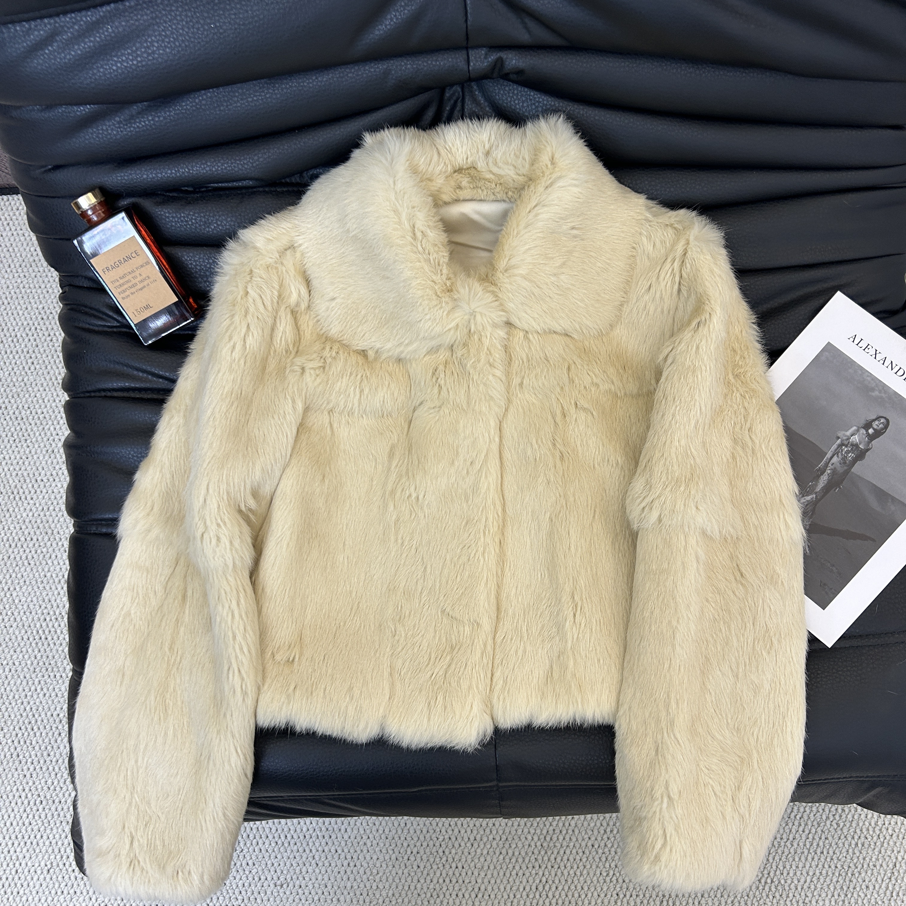 兔毛皮草外套女短款翻领