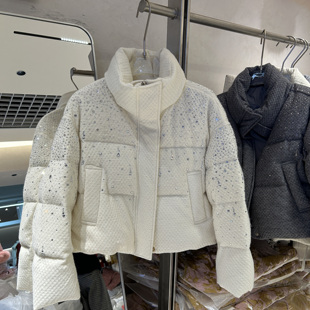 时尚重工烫钻立领短款羽绒服女宽松白鸭绒显瘦百搭韩保暖外套洋气