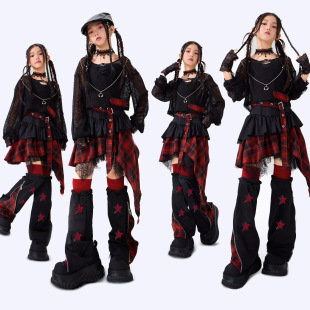 女童爵士舞演出服儿童黑红格纹不规则短裙套装暗黑少女风舞台走秀