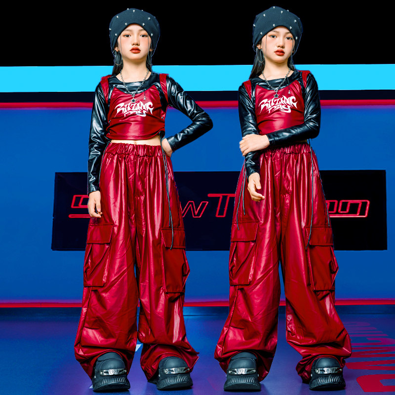 女童嘻哈爵士舞红色皮衣皮裤套装