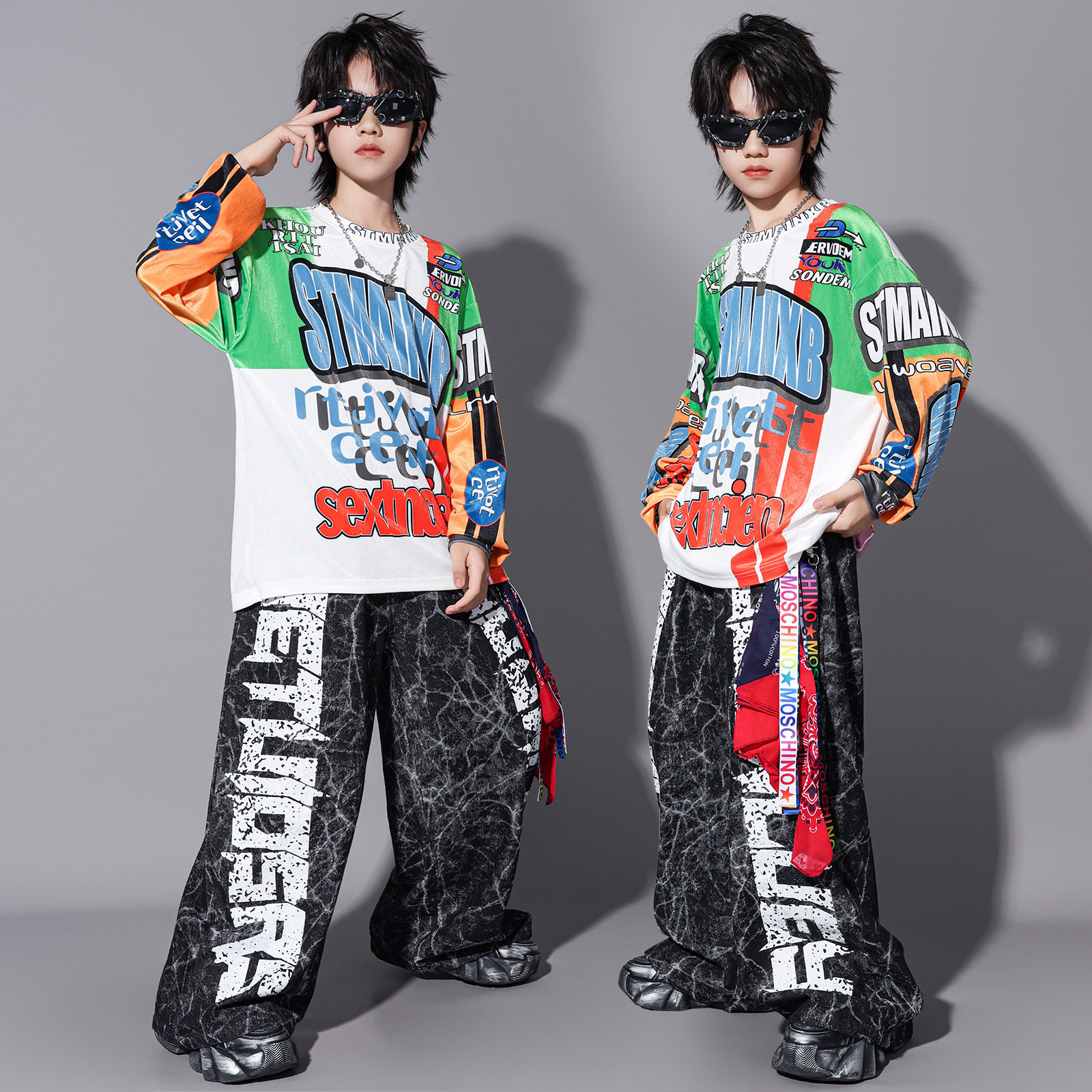 少儿街舞演出服嘻哈hiphop套装男女童机车赛车风长袖T恤彩色涂鸦,童装/婴儿装/亲子装,儿童演出服,淘宝优惠券,粉丝福利购,淘宝优惠卷