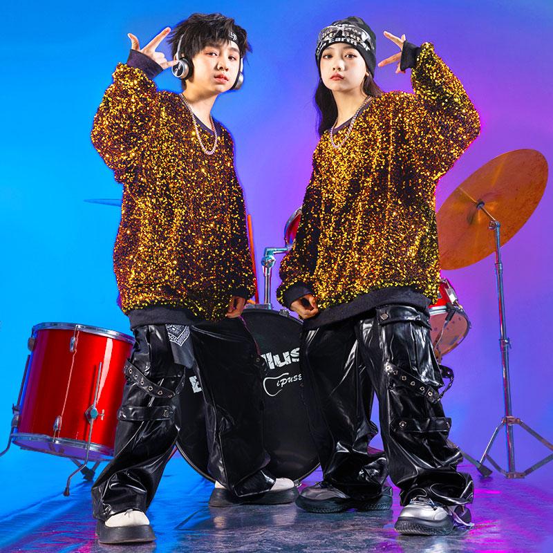 少儿架子鼓街舞表演服亮片发光酷