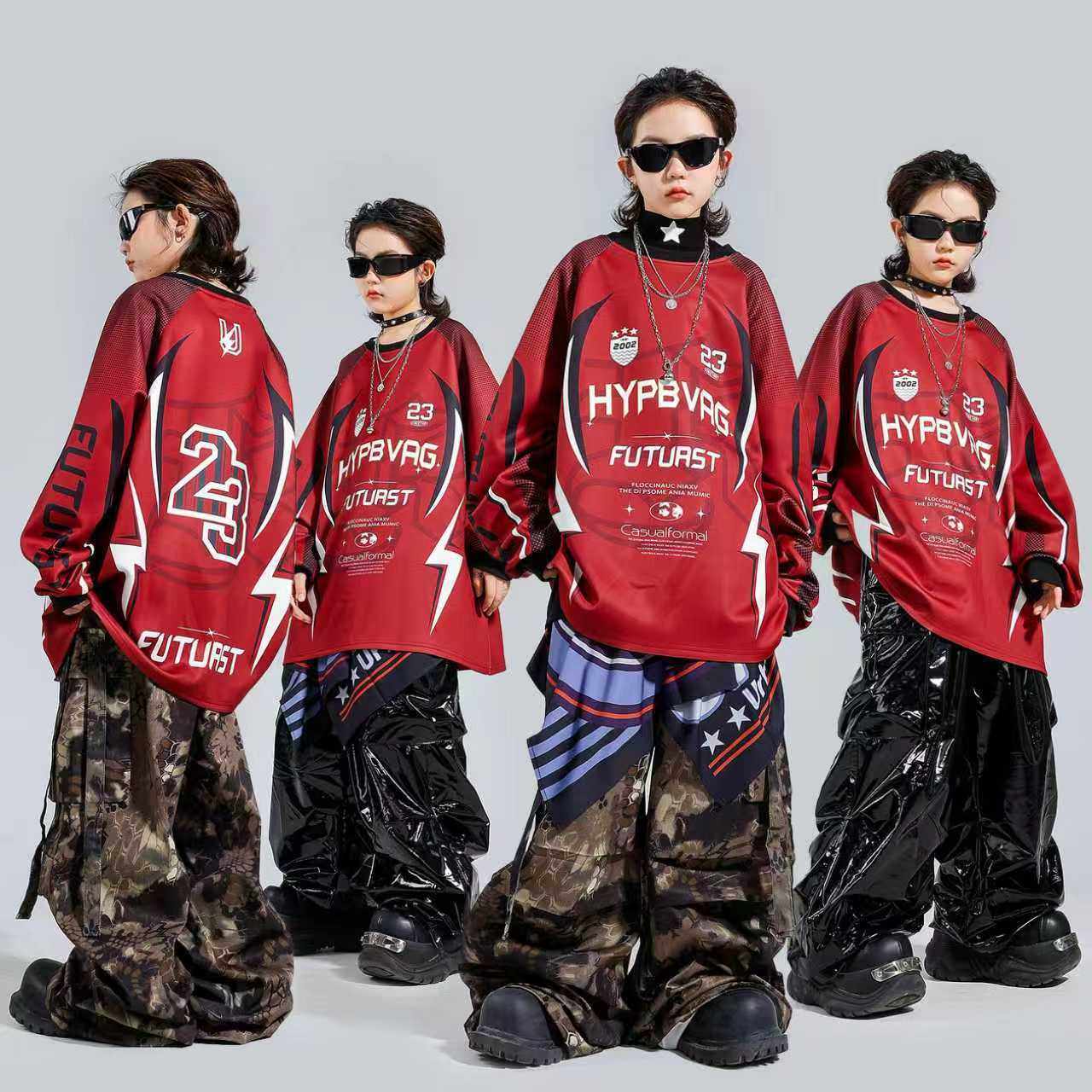 儿童街舞嘻哈男女童hiphop潮酷时髦炸街元旦舞蹈表演出服亮面皮裤