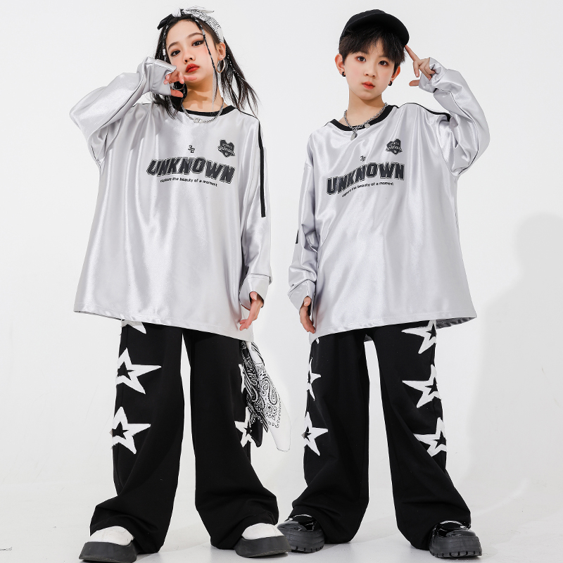 街舞潮服男童hiphop女童爵士舞银色亮面卫衣长袖少儿架子鼓演出服