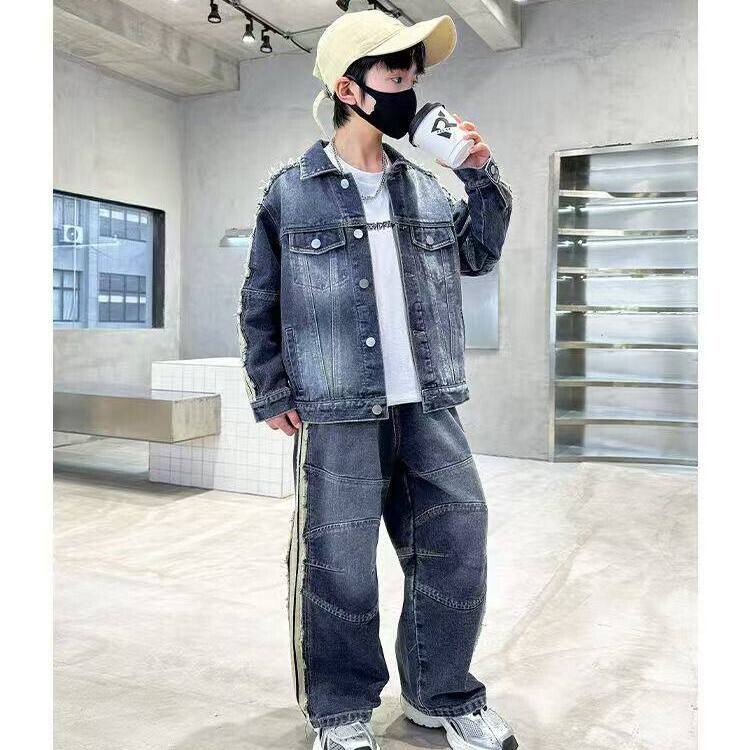 2026新款男童春秋牛仔套装休闲风痞帅两件套中大童韩范外套长裤潮