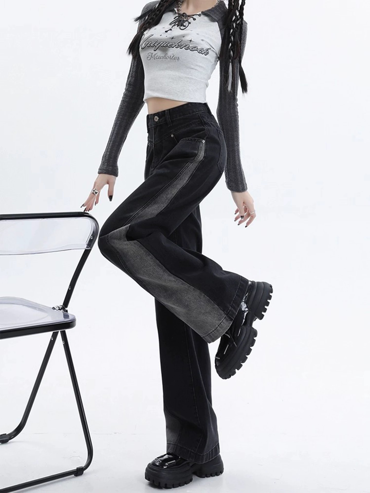 高腰黑色渐变拖地阔腿牛仔裤女2025年新款高腰直筒宽松设计感裤子