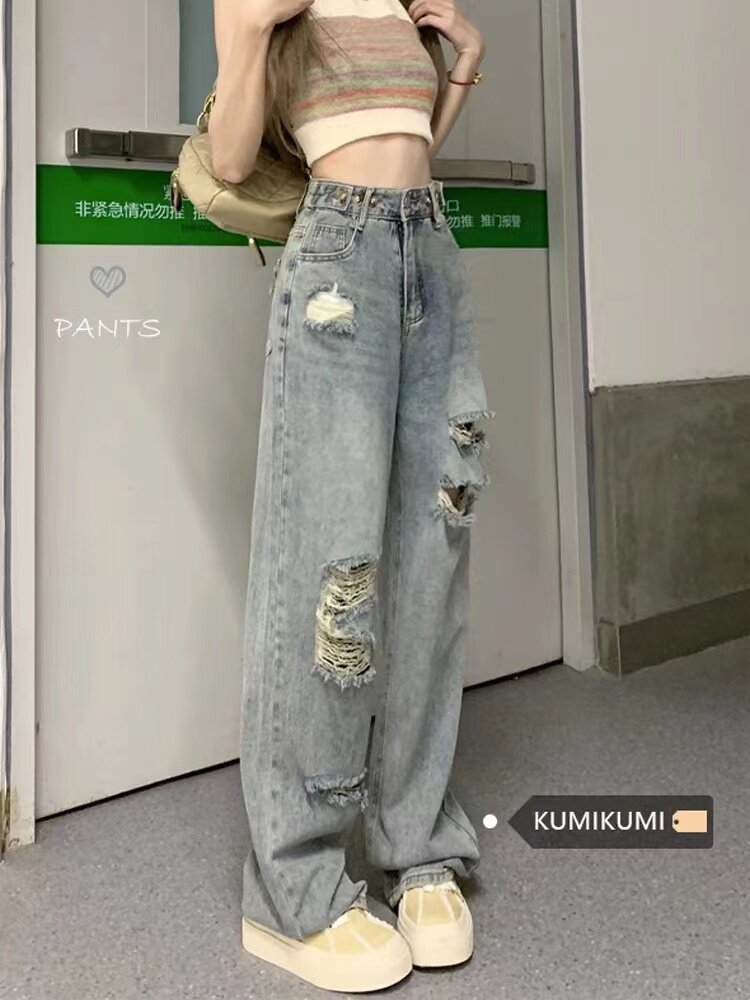 胖妹妹美式复古高腰破洞牛仔裤大码直筒裤女春夏百搭宽松阔腿裤潮