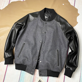 美式 皮衣 复古棒球夹克真皮宽松外套羊皮拼接羊毛呢上衣男女时尚