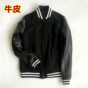 短真皮毛呢拼接夹克休闲 棒球外套男皮袖 2025春秋新款 头层牛皮修身