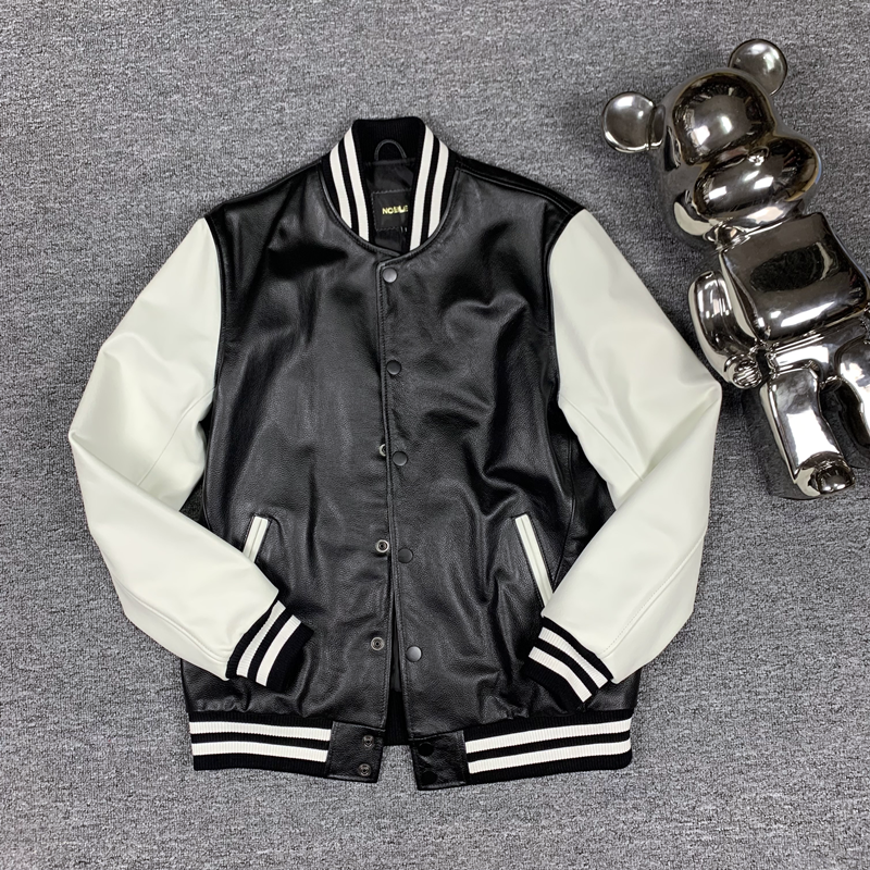 黑白潮款真皮皮衣棒球服