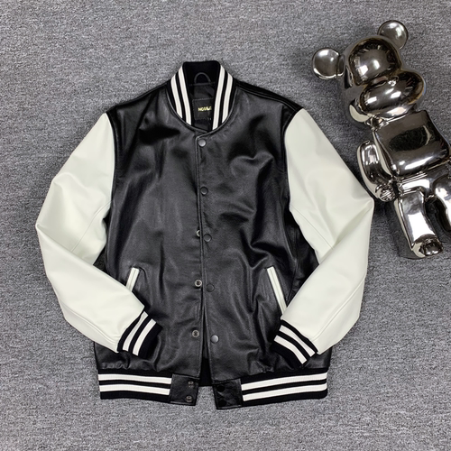 黑白潮款真皮皮衣棒球服