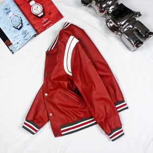 真皮棒球服男中国红短款 皮衣春秋立领外套休闲上衣潮 夹克男女同款