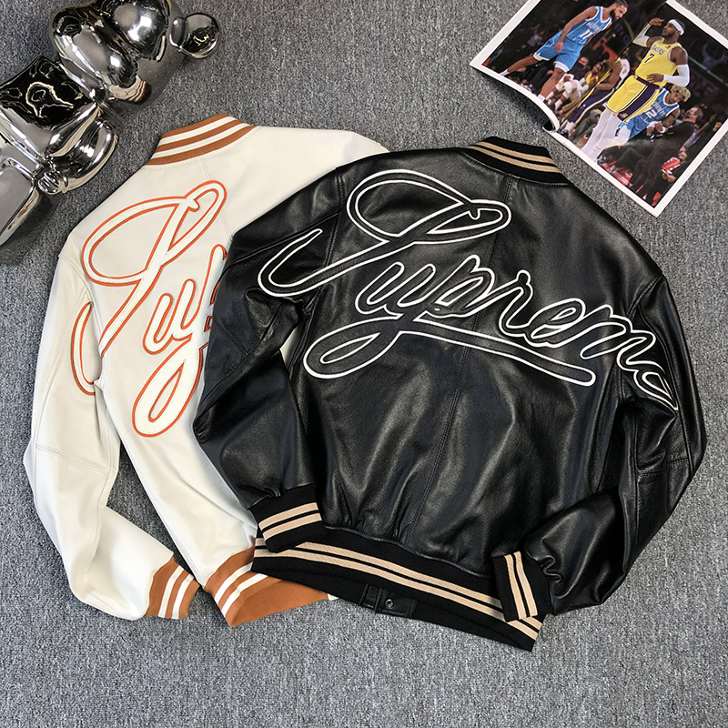 刺绣潮真皮短款皮衣棒球服