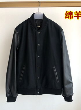 春秋新款羊皮棒球服男真皮袖皮衣休闲夹克毛呢修身短外套薄款上衣
