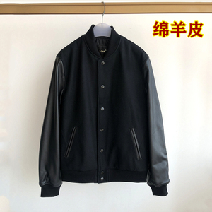 2022春秋新款棒球服男真皮袖皮衣休闲夹克毛呢拼接短外套薄款上衣