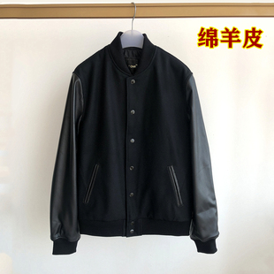 上衣 皮衣休闲夹克毛呢拼接短外套薄款 春秋新款 羊皮棒球服男真皮袖