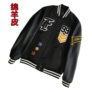 夹克重工刺绣男外套休闲短款 棒球服修身 上衣ins潮 真皮袖 春秋新款