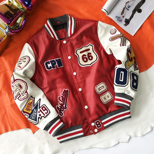 休闲外套刺绣流行 皮夹克短款 新款 真皮皮衣头层牛皮棒球服男女同款