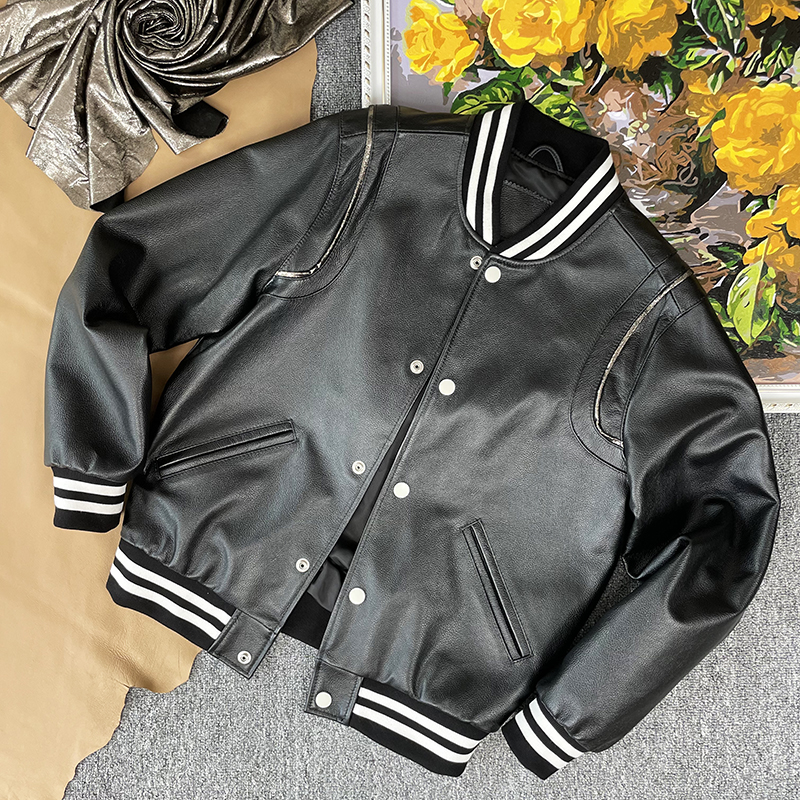 小牛皮休闲棒球服真皮皮衣