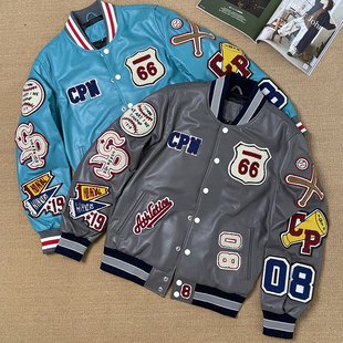 断码 真皮休闲棒球服绵羊皮皮衣男刺绣皮夹克柔软宽松外套潮 清仓