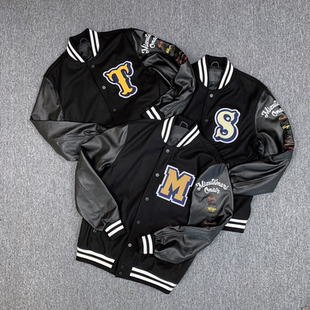 春秋新款 夹克刺绣短外套潮 头层牛皮棒球服真皮皮衣男毛呢拼接皮袖