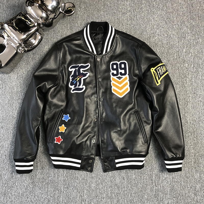 刺绣按扣真皮立领短款皮衣