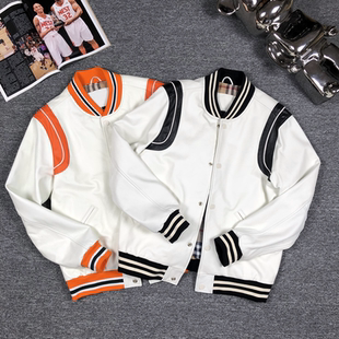 春秋新款 棒球服国潮休闲夹克白色外套牛皮短上衣ins 真皮皮衣男款