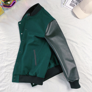 春秋新款 子拼接棒球服毛呢短外套真皮夹克运动休闲皮衣男潮 牛皮袖