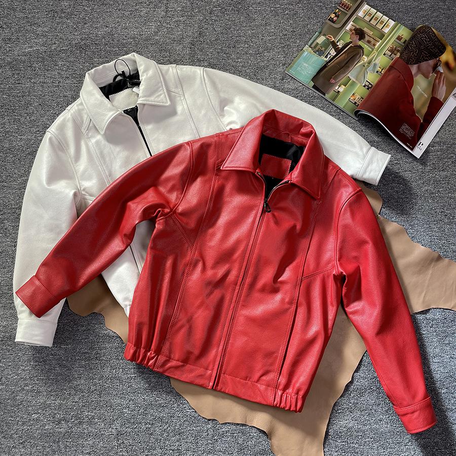 经典红色港风复古皮衣翻领夹克