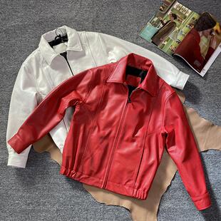 高级感复古皮夹克红色头层小牛皮真皮皮衣港风宽松翻领外套男女90