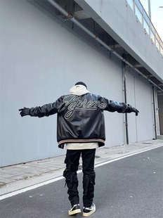 春秋真皮皮衣男士 加棉宽松棒球服潮牛皮刺绣皮夹克情侣短外套ins