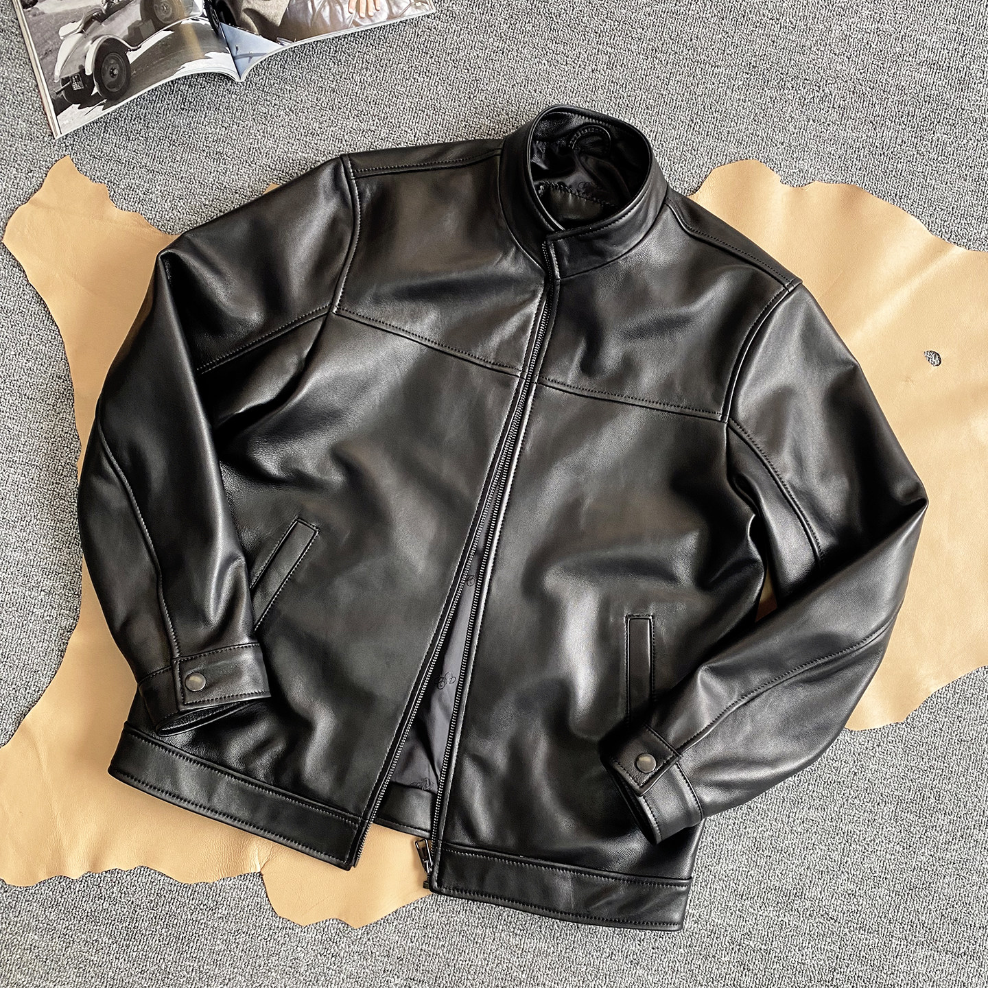 高端柔软头层绵羊皮立领机车皮衣老钱风商务修身真皮夹克外套男