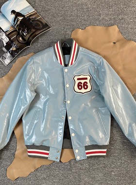 订单剩余高级感亮面真皮皮衣秋冬新款小牛皮棒球服蓝色刺绣夹克男