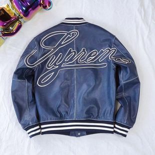 秋冬头层茶芯牛皮棒球服真皮夹克男蓝染做旧外套短款 擦色皮衣潮