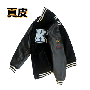 男装 拼接上衣修身 加棉刺绣棒球服短外套潮 毛呢夹克真皮袖 春秋新款