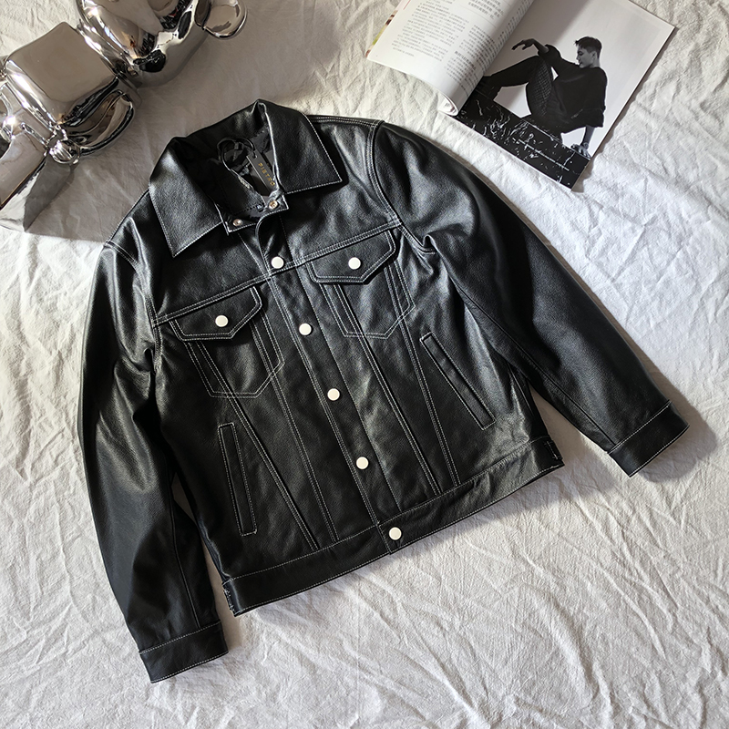 经典牛仔款真皮翻领短款皮外套