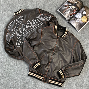 春秋新款 做旧头层牛皮棒球服软牛皮机车皮夹克男真皮休闲刺绣外套