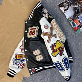 秋冬头层小牛皮棒球服黑白撞色真皮皮衣短款 皮夹克多刺绣外套男潮