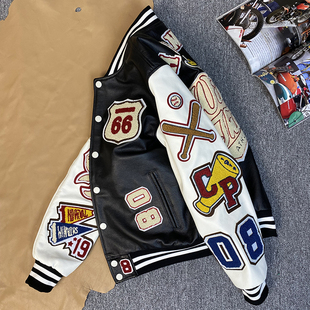 秋冬头层小牛皮棒球服黑白撞色真皮皮衣短款 皮夹克多刺绣外套男潮