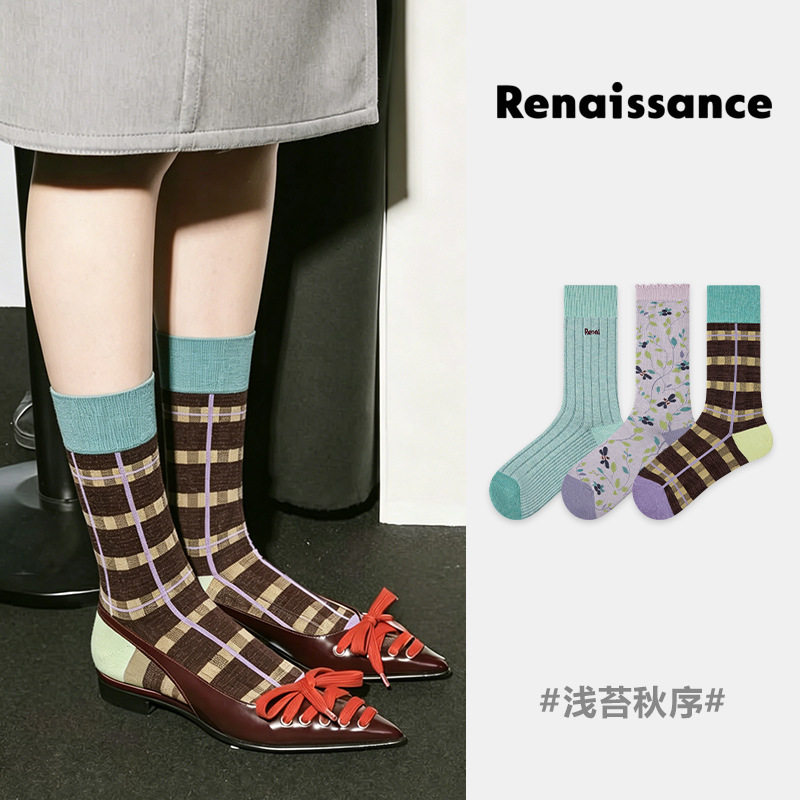 Renaissance袜子女ins潮秋季精梳棉亮丝复古个性撞色花卉中筒女袜