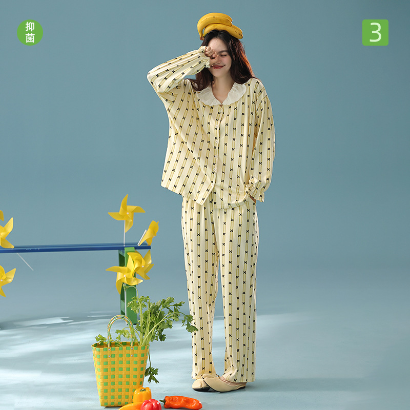 【抗菌新疆棉】秋季纯棉A类长袖睡衣女士蕾丝娃娃领家居服套装