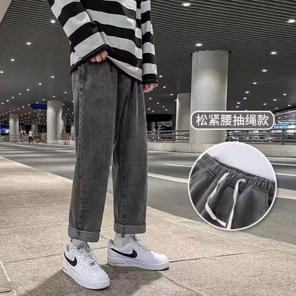 韩版潮流直筒牛仔裤男宽松休闲裤脚开衩设计阔腿裤小众时髦长裤潮