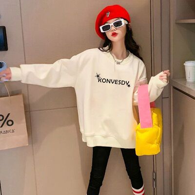 港风复古女童秋冬季加绒加厚无帽纯棉卫衣时尚简约男童上衣服