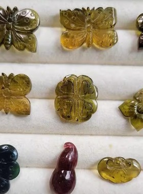 清出老料深色碧玺吊坠锁骨坠蝴蝶 葫芦 如意 一物一图 深黄绿色